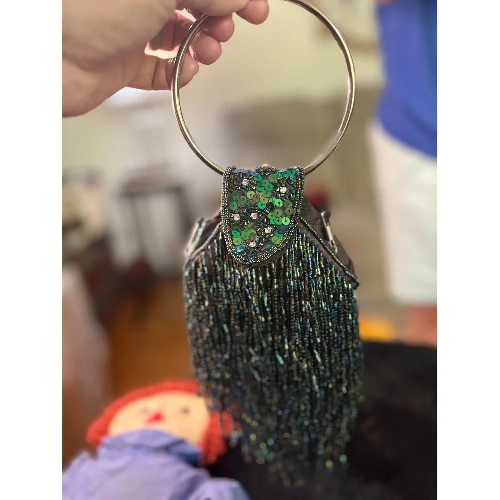 IN'S Beaded Fringe Sequin Evening Bag Green Iridescent Ring Handle Clutch